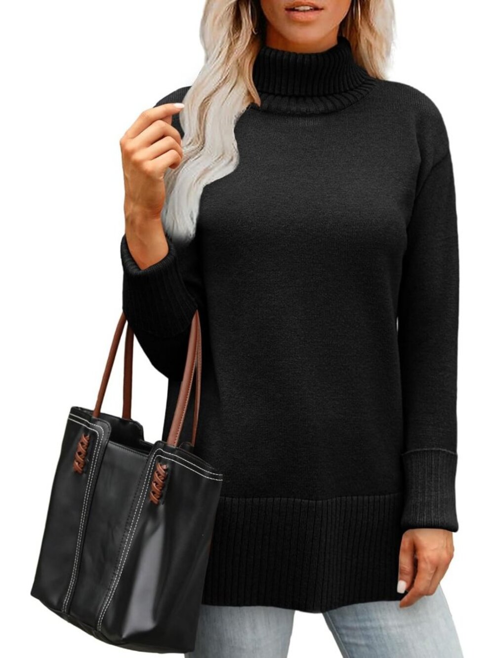 Cozy Oversized Turtleneck Sweater with Side Split - Women's Pullover Top